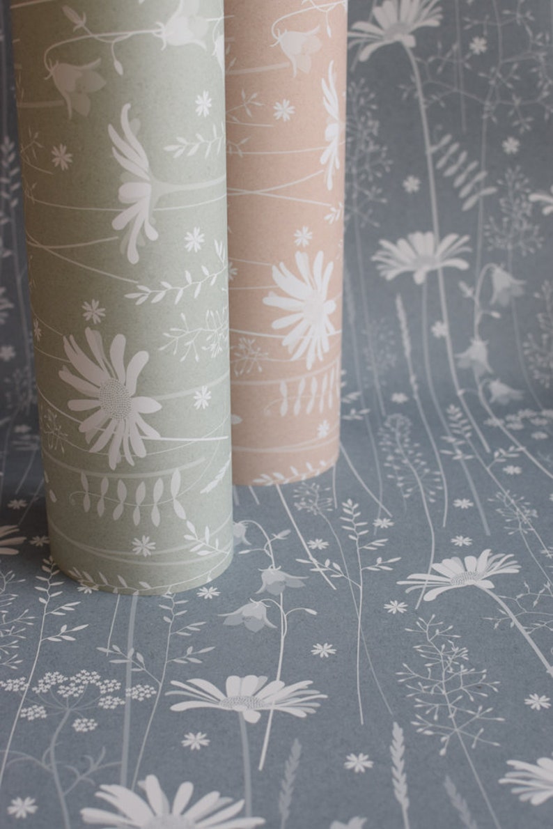 SAMPLE Daisy Meadow wallpaper in 'dusk' by Hannah Nunn, a soft pink, floral meadow wall covering with daisies, harebells and grasses image 4