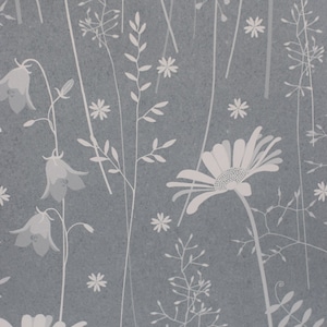 Daisy Meadow wallpaper in 'moonrise' by Hannah Nunn, a dusky blue wall covering with a summer meadow print of daisies, harebells and grasses image 2