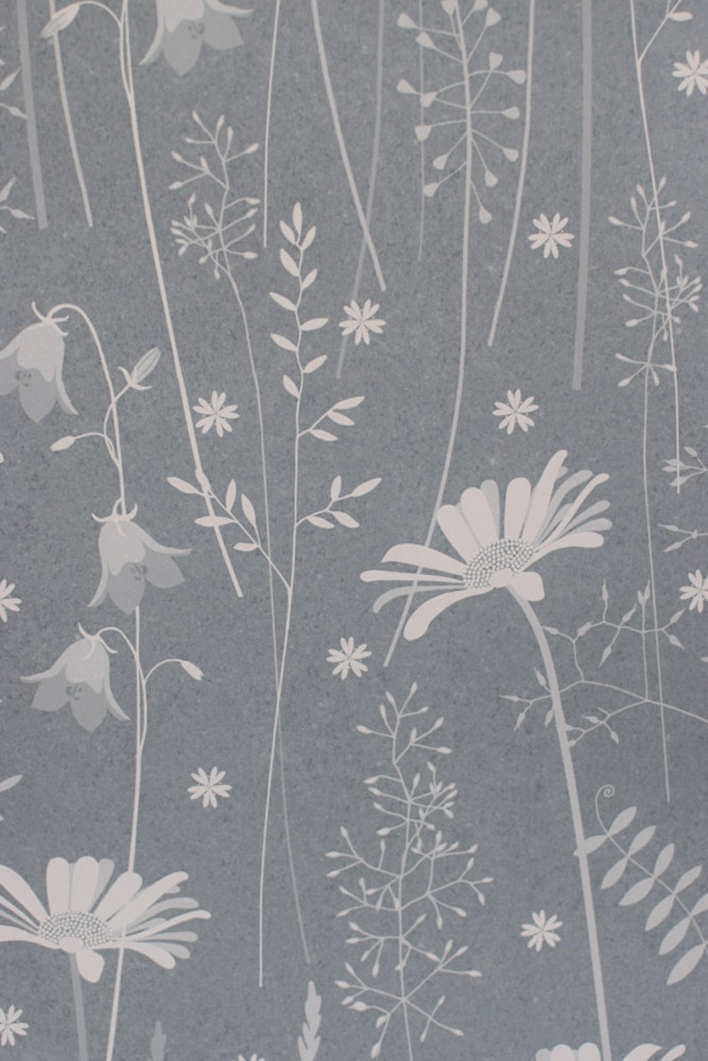 Daisy Meadow wallpaper in 'moonrise' by Hannah Nunn, a dusky blue wall covering with a summer meadow print of daisies, harebells and grasses image 2