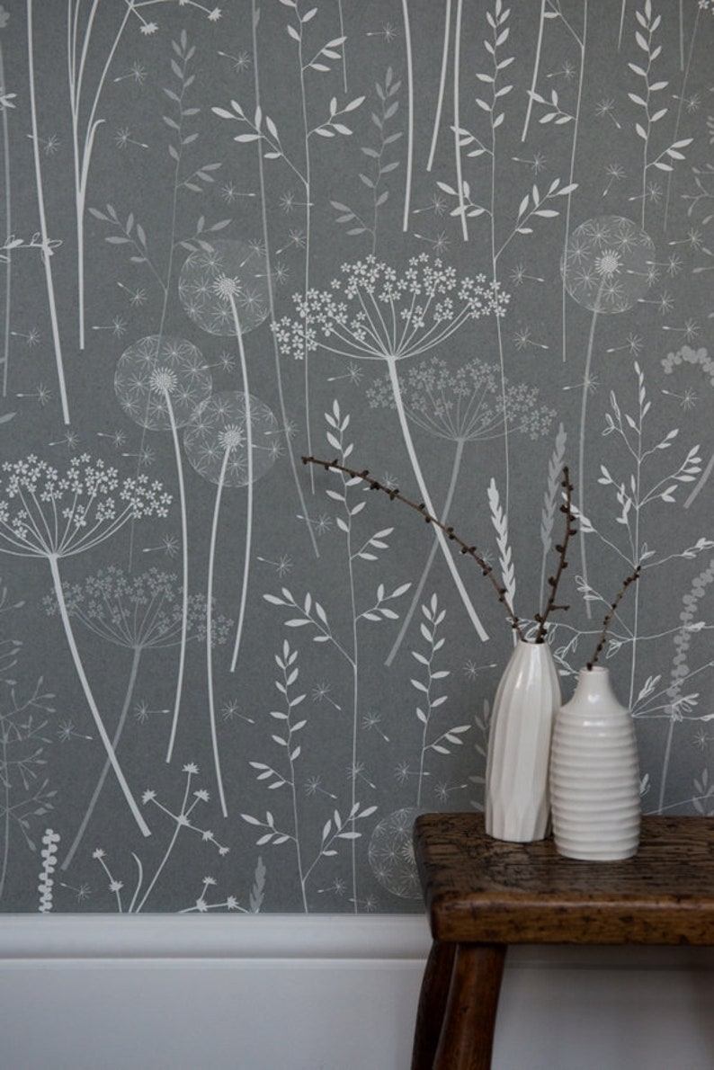 SAMPLE Paper Meadow wallpaper in 'charcoal' by Hannah Nunn, a dark grey botanical wall covering with meadow seed heads and grasses image 1