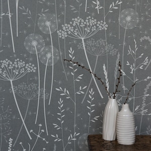 Paper Meadow in 'Charcoal' by Hannah Nunn, a dark grey botanical wall covering with meadow seed heads and grasses