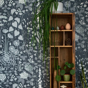 Hedgerow wallpaper in 'nocturne' by Hannah Nunn, a deep, dark blue botanical wall covering with a wild tangle of plants and flowers image 4