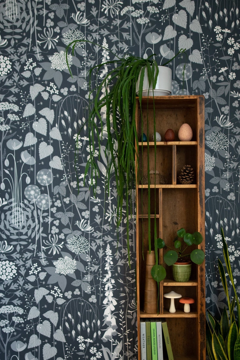 Hedgerow wallpaper in 'nocturne' by Hannah Nunn, a deep, dark blue botanical wall covering with a wild tangle of plants and flowers image 4