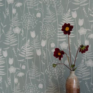 Charlotte's Garden wallpaper in 'heath' by Hannah Nunn, a green floral, botanical wall covering inspired by the Bronte sisters garden image 3