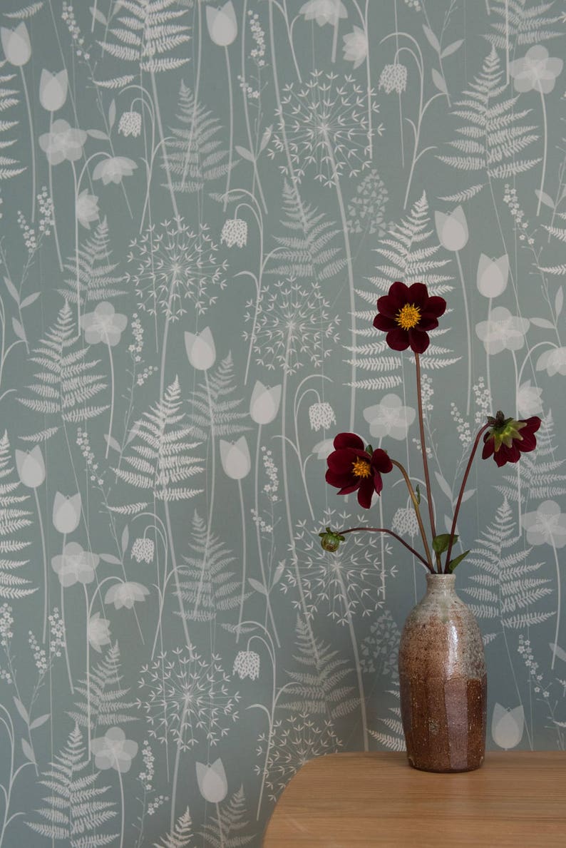 Charlotte's Garden wallpaper in 'heath' by Hannah Nunn, a green floral, botanical wall covering inspired by the Bronte sisters garden image 3