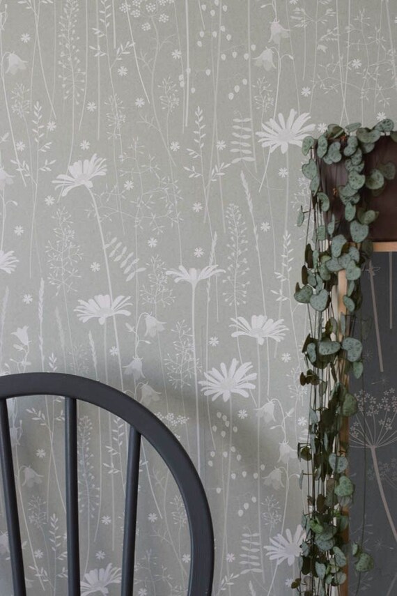 Sage Green Floral Daisy Meadow Botanical Woodland Wallpaper // | Etsy