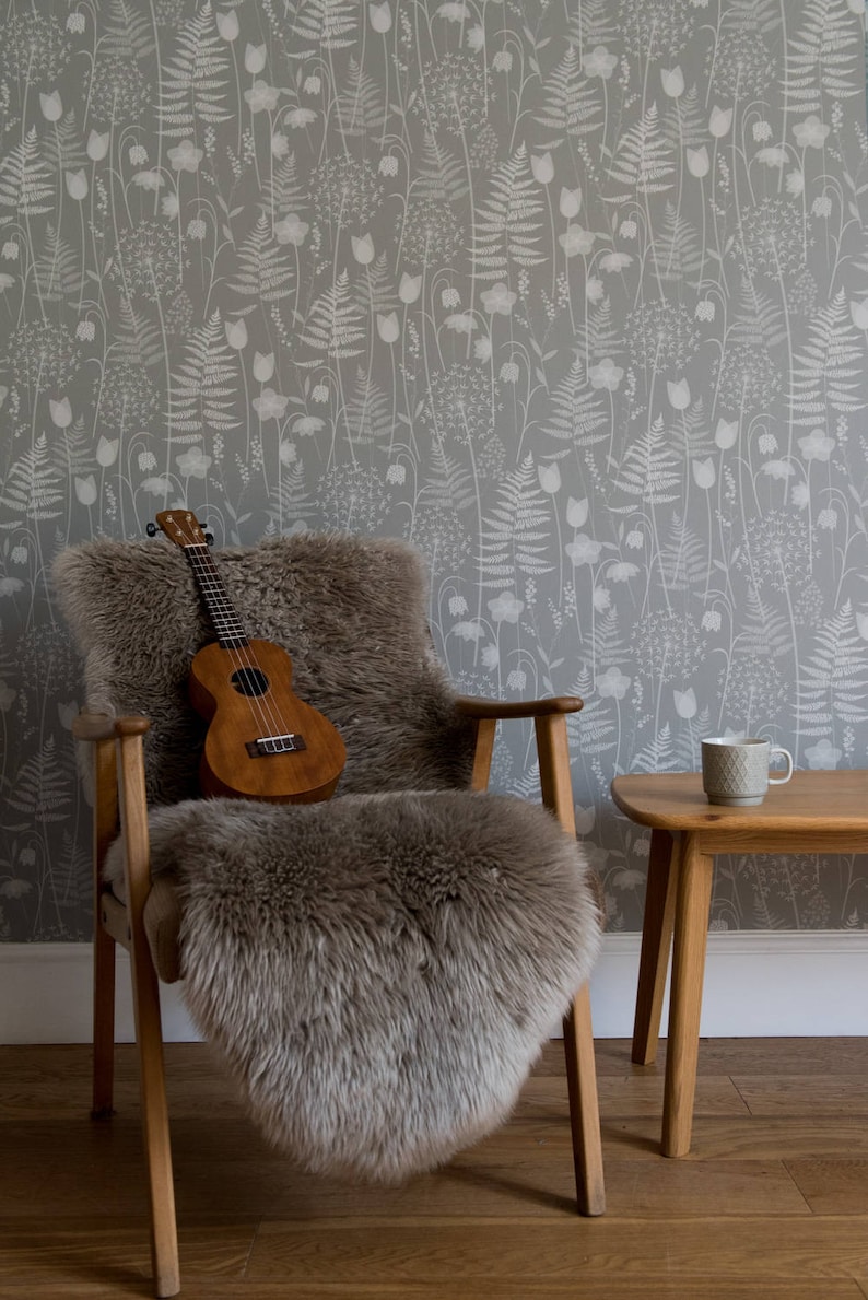SAMPLE Warm Light Grey Floral Fern Tonal Botanical Woodland Wallpaper Bronte Sisters Charlotte/'s Garden in /'Mist/' by Hannah Nunn