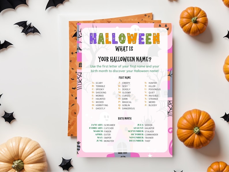 Printable Pink Halloween Whats Your Halloween Name Game in US Letter