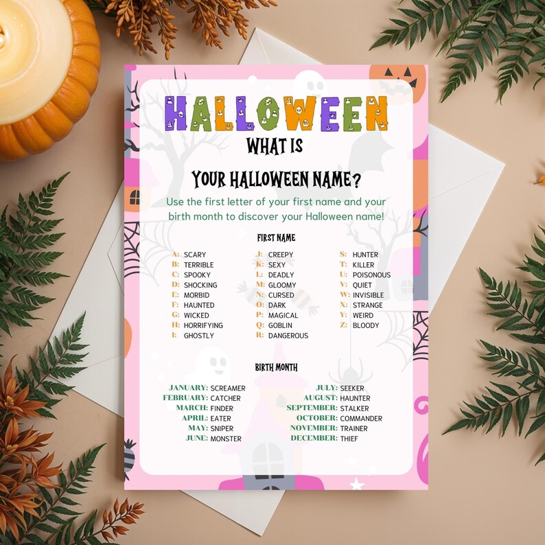 Printable Pink Halloween Whats Your Halloween Name Game in US Letter