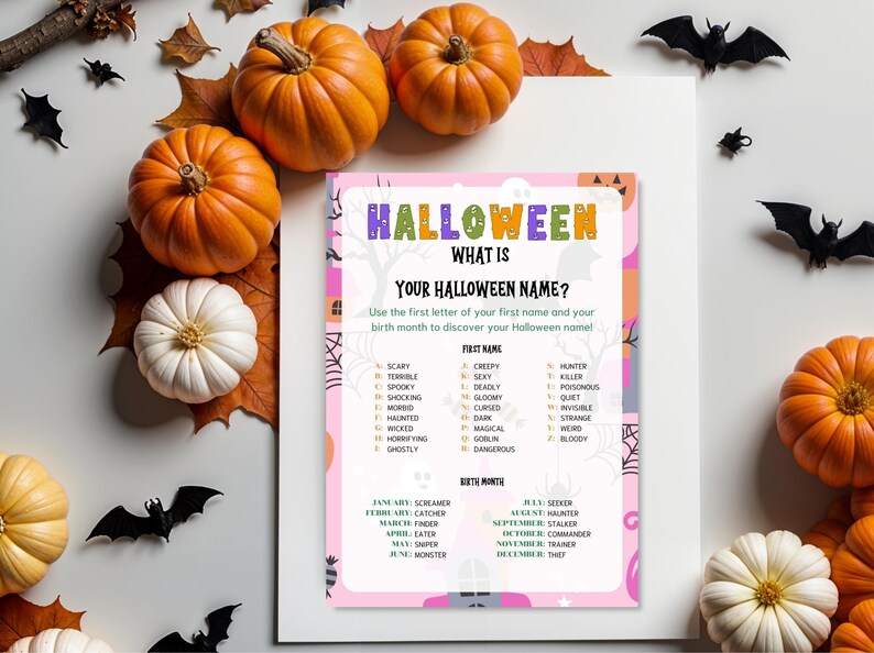 Printable Pink Halloween Whats Your Halloween Name Game in US Letter