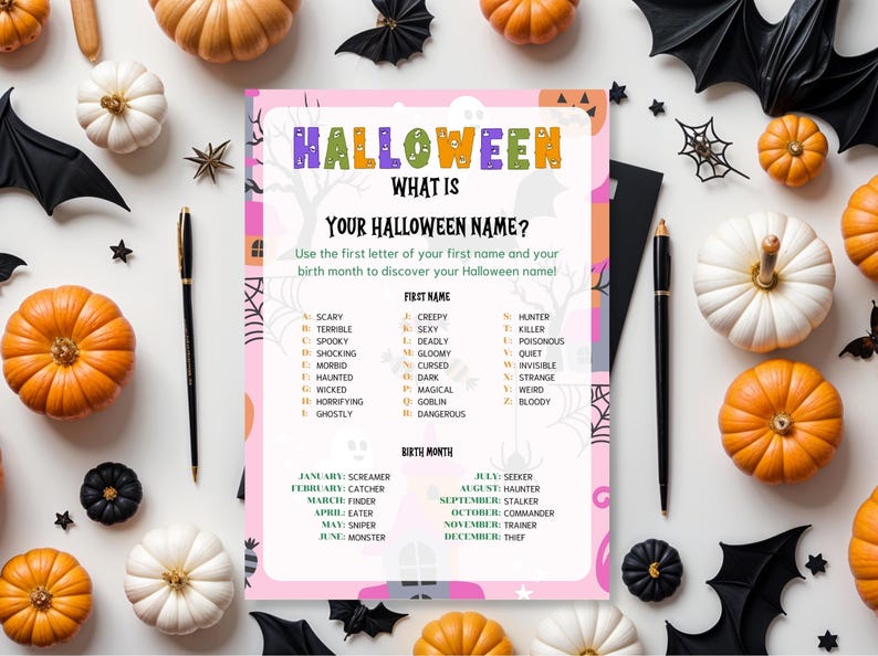 Printable Pink Halloween Whats Your Halloween Name Game in US Letter