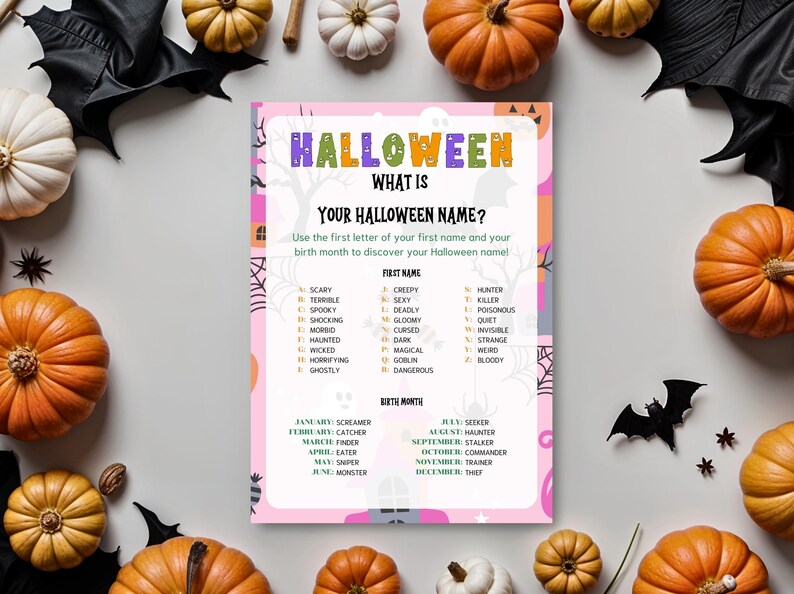 Printable Pink Halloween Whats Your Halloween Name Game in US Letter