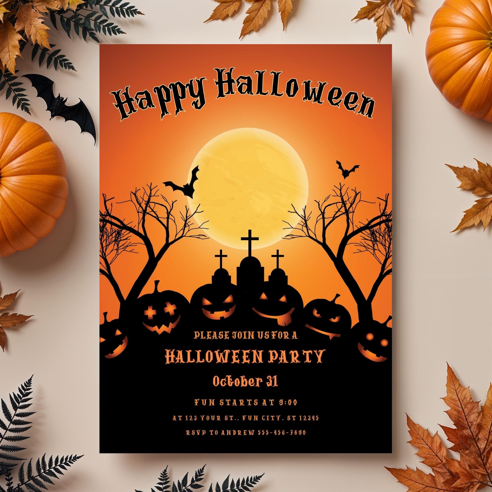 Editable Pumpkins in a Graveyard Halloween Party Invitation Template ...