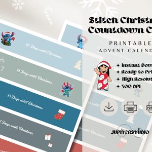 May include: Printable Stitch Christmas countdown chain advent calendar with blue, green, and red colors. The calendar features Stitch characters and includes a download icon, a printer icon, and a PDF icon. The text on the calendar says "Stitch Christmas Countdown Chain" and "Printable Advent Calendar".