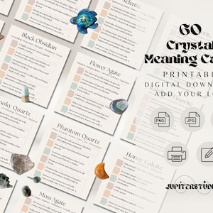 Printable 60+ Crystal Meaning Card Set, Crystal Properties Square Cards, Customizable Add your Logo, For Crystal Shops, Meaning of Crystals
