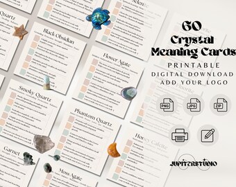 Printable 60+ Crystal Meaning Card Set, Crystal Properties Square Cards, Customizable Add your Logo, For Crystal Shops, Meaning of Crystals
