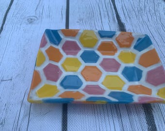 Handmade Ceramic Small Dish hand painted honeycomb patter