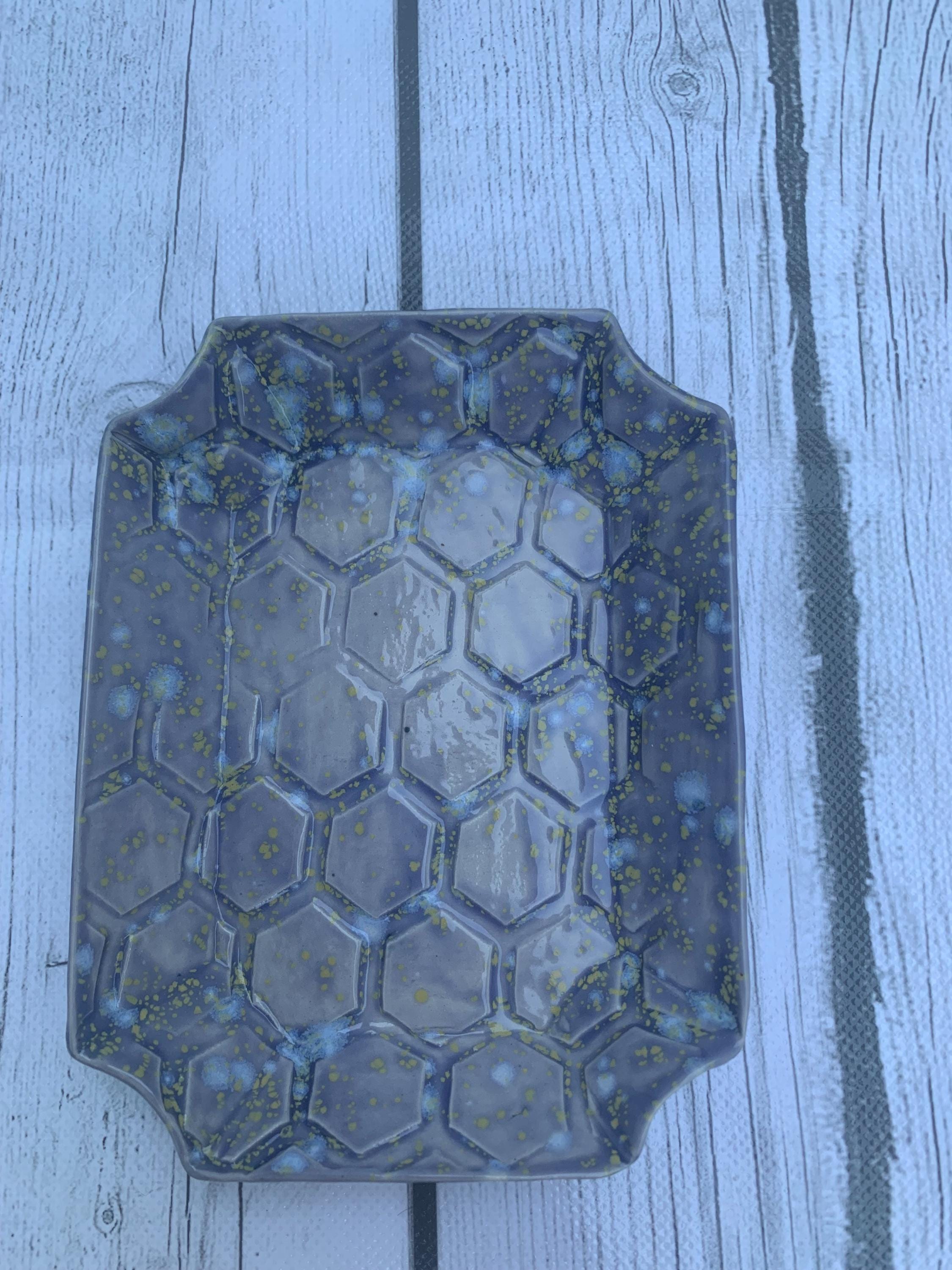 Handmade Ceramic Dish light purple with blue “crystals”