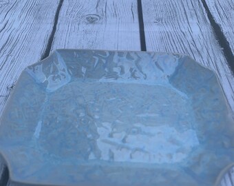 Handmade Ceramic Dish Light blue/ silvery with decorative stamped interior