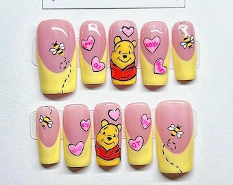Winnie the Pooh inspired valentines Press-On Nails | heart Handmade nails | theme park nails | with Application Kit