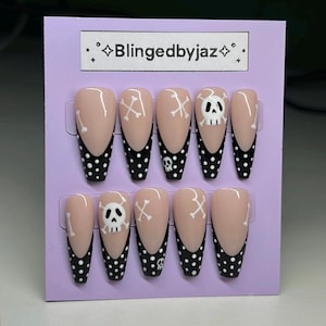 Skull Press-On Nails: Y2K Emo Black & White Dot Design