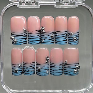 Y2K Ombré-Zebra-Press-On-Nägel: Zebra-Print, handgefertigt, mit Applikationsset | Sommernägel