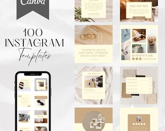 May include: A collection of 100 Instagram templates in a beige and cream color scheme. The templates feature various layouts with text, images, and icons. The templates are designed for use on social media platforms.