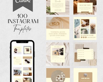 May include: A collection of 100 Instagram templates in a beige and cream color scheme. The templates feature various designs, including a mood board, a quote template, a podcast announcement, and a customer testimonial. The text "Made in Canva" and "100 Instagram Templates" is visible in the image.