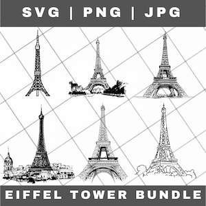 May include: A set of six black and white illustrations of the Eiffel Tower in different styles. The illustrations include the tower alone, the tower with surrounding buildings, and the tower with trees. The text "Eiffel Tower Bundle" is at the bottom of the image.