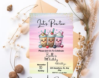 Editable Boba Tea Birthday Invitation Template, Par-Tea Invitation, Par Tea Invitation, Boba Birthday Invitation, Boba Birthday Party
