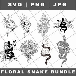 Puede incluir: Un conjunto de ocho ilustraciones digitales en blanco y negro que presentan diseños florales con serpientes. Los diseños incluyen una serpiente envuelta alrededor de una flor, una serpiente con estrellas y una luna creciente, y una serpiente con una flor en la boca.