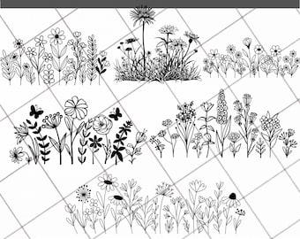 Wildblumen-Svg-Bundle, Blumenwiese-Svg, Blumenrand SVG, Minimalistischer Blumenstrauß, Wildblumen Clipart, Blumenskizze-Svg