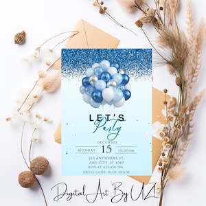 Editable Blue Birthday Invitation, Let&#39;s Party Blue Balloons Invite, Printable Kids Birthday Invitation Blue Glitter & Balloons Invite