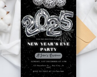 Editable Silver Theme New Years Eve Invitation Template, New Years Eve Printable Invite, Christmas Invitation, NYE Party Invitation 2025