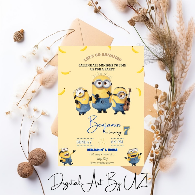 Editable Minion Birthday Invitation Template, Printable Birthday Party Invites, Digital Kids Party Invite Template, Minions Birthday Card image 1