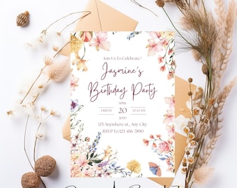 Wildflower Birthday Invitation, Little Wildflower Birthday Invite, Floral Birthday Invitation, 1st Birthday Invite, Wildflower, Template
