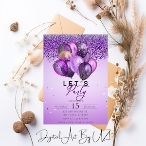 Invito di compleanno modificabile con palloncini viola e oro, invito stampabile per la festa con palloncini viola, invito di compleanno per ragazze, invito con palloncini