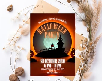 May include: Halloween party invitation with a spooky orange and black design. The invitation features a silhouette of a haunted house with a full moon and pumpkins. The text reads "HI AVERY, YOU'RE INVITED TO HALLOWEEN PARTY 28 OCTOBER 2030 6 PM - 9 PM 123 ANYWHERE ST., ANY CITY RSVP TO 123-456-7890 Digital Art By UA".