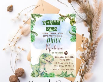 Editable Three Rex Birthday Invitation, Printable Dinosaur Boy Birthday Invitation, Three Rex Birthday, Three Rex Invite Template Download