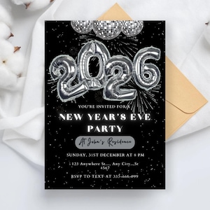 Editable Silver Theme New Year's Eve Invitation Template, New Years Eve Printable Invite, Christmas Invitation, NYE Party Invitation 2026