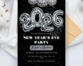 Editable Silver Theme New Year's Eve Invitation Template, New Years Eve Printable Invite, Christmas Invitation, NYE Party Invitation 2026