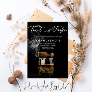 Toasts et cigarettes modifiables, invitation à une fête d'anniversaire masculine, invitation homme cigare whisky imprimable, invitation adulte entièrement noire