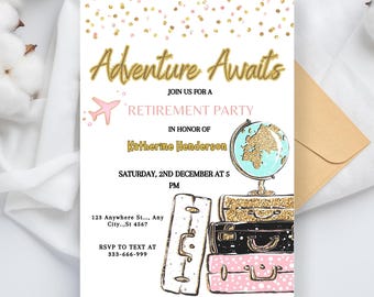 Editable Travel Retirement Invitation, Printable Adventure Awaits Retirement Party, Around The World Farewell Party, Pink Luggage Card