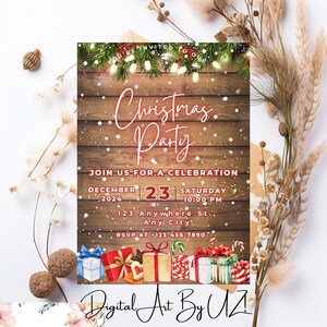 May include: A Christmas party invitation featuring a rustic wooden background, red and white fairy lights, and a snowy effect. The text reads "Christmas Party" in red and white lettering. The invitation includes the date, time, and location of the party. The bottom of the invitation features a watercolour illustration of Christmas presents, candy canes, and other festive decorations.