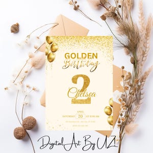 Bewerkbare sjabloon gouden verjaardagsuitnodiging, afdrukbare gouden glitter verjaardagsuitnodiging, gouden verjaardagsuitnodiging, meisje 2e verjaardagsuitnodiging