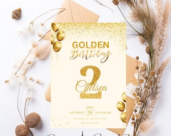 Editable Golden Birthday invitation Template, Printable Gold Glitter Birthday Invite, Golden birthday invite, Girl 2nd birthday invitation