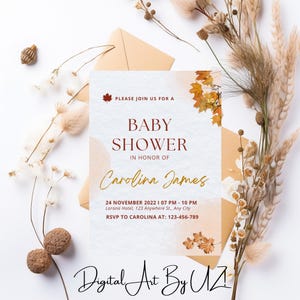 Bearbeitbare Herbst-Babypartyeinladung, druckbare Herbst-Babypartyeinladung, geschlechtsneutrale Babyparty, Herbstblumenpartyeinladungen