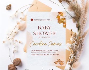 Editable Fall Baby Shower Invitation, Printable Autumn Baby Shower Invite, Gender Neutral Baby Shower, Autumn Floral Shower Invitations