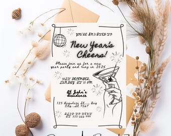 Editable New Years Eve Party Hand Drawn Invitation, Printable New Years Invitation, Hand drawn Happy New Year Invite, New Year Celebration