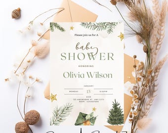 May include: A white baby shower invitation with green watercolour pine branches and gold stars. The text reads "Please join us for a baby shower honouring Olivia Wilson. January 15, 2025, 8:30 PM. 123 Anywhere St. Any City. RSVP: 1234567890."